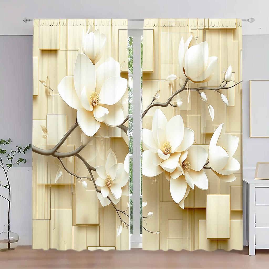 2 Stück elegante und reinweiße Vorhänge mit Magnolienblumen-Print für die Inneneinrichtung – Fensterbehandlung mit Stangentasche für Schlafzimmer, Büro