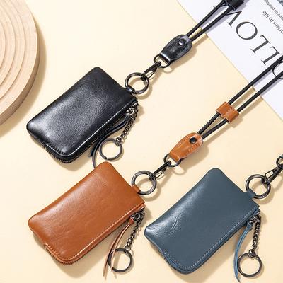 PU Leather Lanyard Multi- Zipper Key Pouch Card Holder Coin Purse