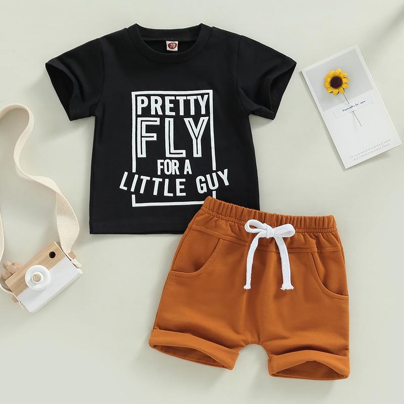 Boy Summer Clothes Set Short Sleeve Round Neck Letter Print T-shirt + Solid Color Drawstring Shorts Boys Outfits