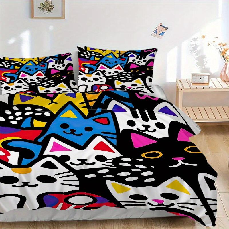 3pcs Colorful Cats Bedding Set, Ideal for Home Use, Suitable for Bedroom Decor (1*Duvet Cover + 1/2*Pillowcases, No Core) Yy250821232