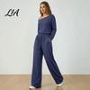 Solid Color Matching Sets Women Sweatshirt Pants 2-Piece Set, Off Shoulder Long Sleeve Top & Lounge Set Wide Leg Trousers, for Spring Autumn Two