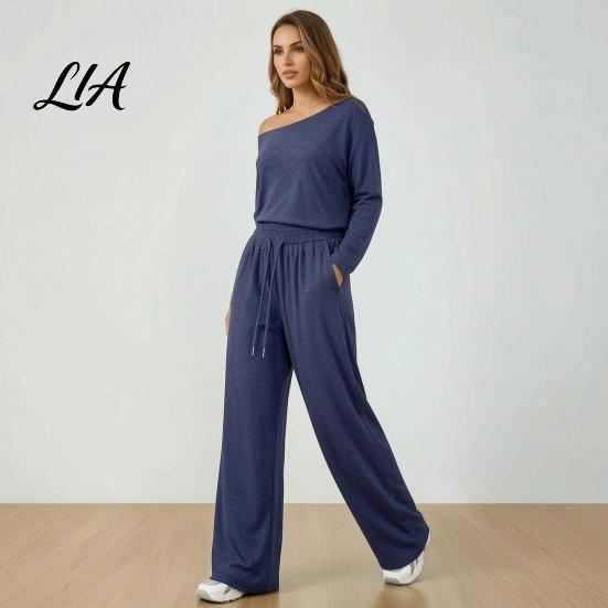 Solid Color Matching Sets Women Sweatshirt Pants 2-Piece Set, Off Shoulder Long Sleeve Top & Lounge Set Wide Leg Trousers, for Spring Autumn Two
