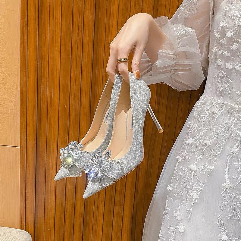 Silver Leather High Heels Women's New Pointed Tip Thin Heel Rhinestone Butterfly Sexy Temperament Coming of Age Shoes