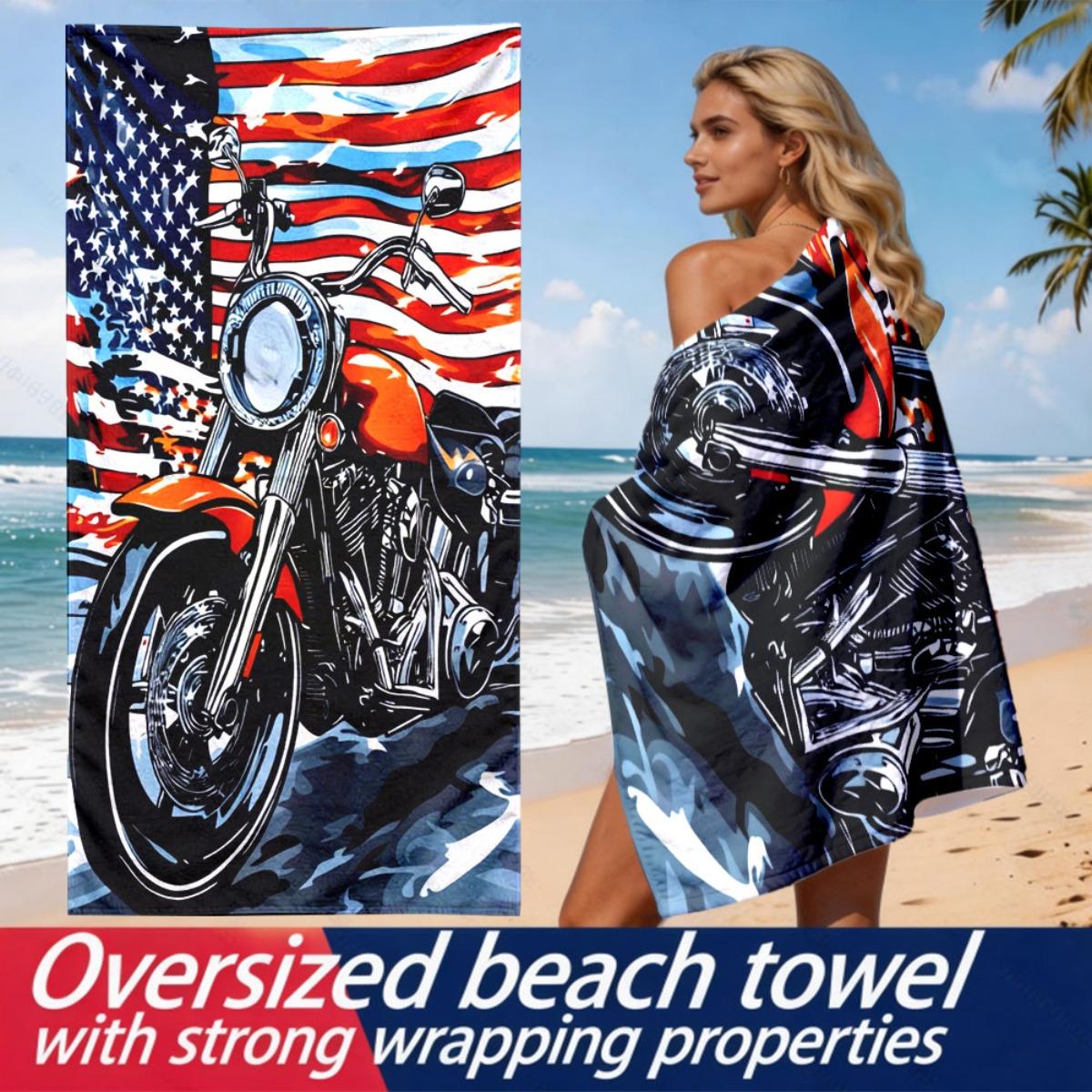 Lampada White American Retro Motorcycle Theme Polyester Microfiber Beach Towel Is Highly Absorbent, Suitable For Swimming And Beach Outings