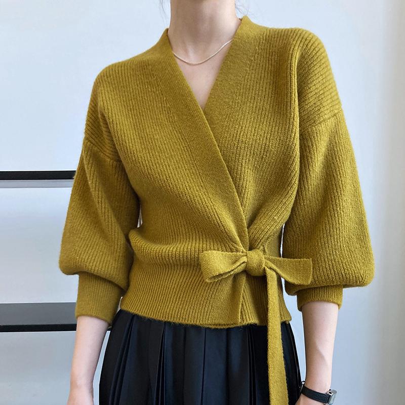 Advanced Sweater Knitwear Women Knitted Cardigan Fall Winter Tie V-neck Sweet Short Long-sleeved Knitted Tops