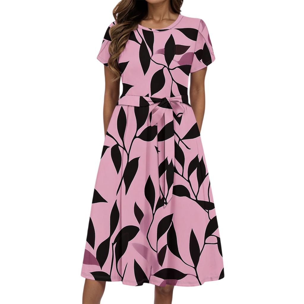 Women's Summer Fashion Round Neck Casual Plant Floral Print Short Sleeve Dress
