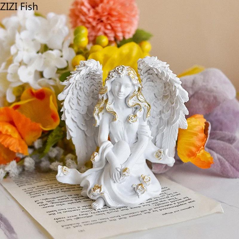 Lovely Flower Angel Statue Desk Decoration Ornaments Creative Angel Characters Resins Sculpture Artwork Room Aesthetic Decor