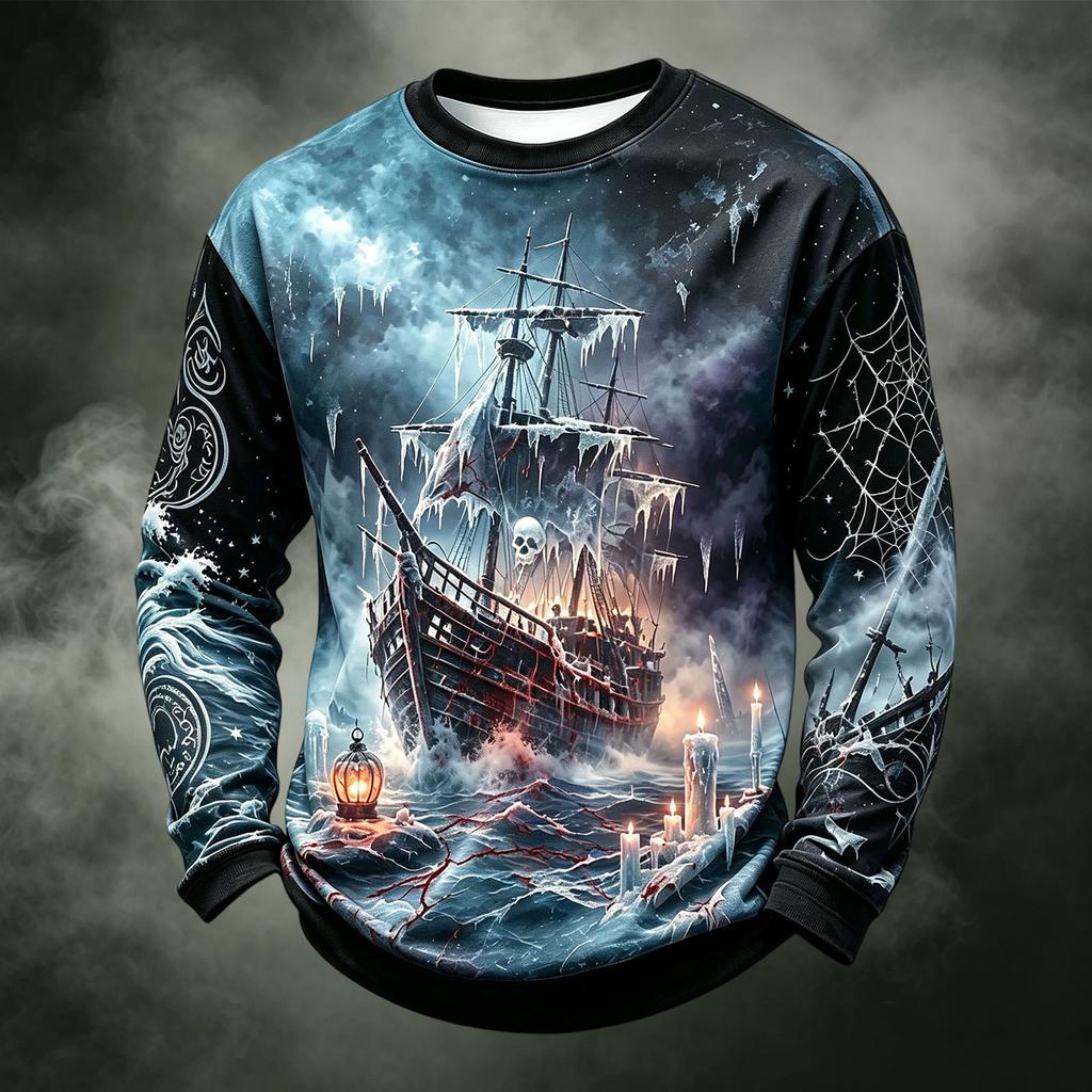 Men's Casual Knit Long Sleeve Neck T-Shirt with Halloween Print