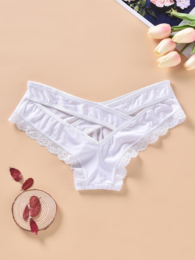 Lace Trim Hipster Panties, Cross Hollow Out Breathable Intimates Panties, Women's Lingerie & Underwear