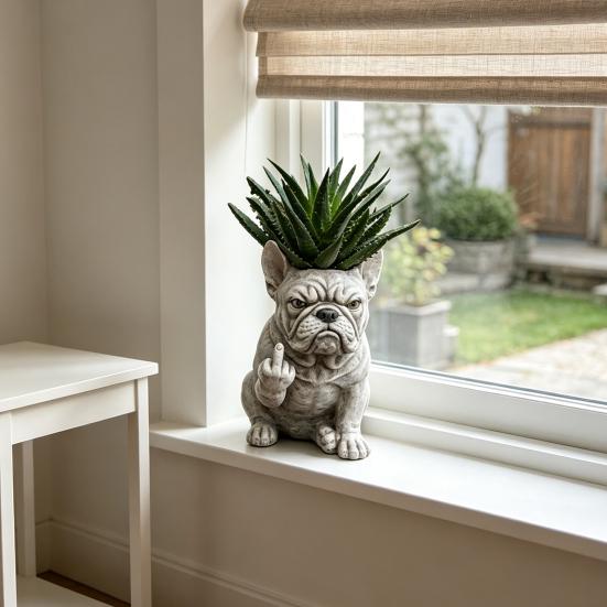 Lustiger Bulldogge Blumentopf Neuheit Mittelfinger Hund Blumenkübel Niedliche Hundegartenstatue für Außen Innen Garten Büro Schreibtisch Dekoration