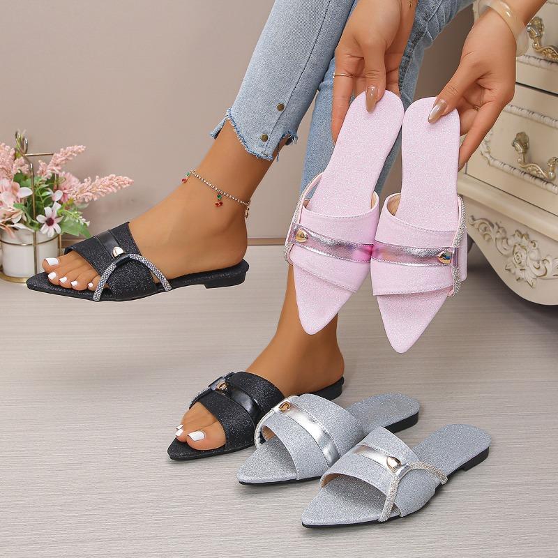 Fashion Women's Stylish Pointed Open-toed Metal Buckle Sequined Soft-soled Sandals with Low Heels and Comfortable Elegant Flat Flats