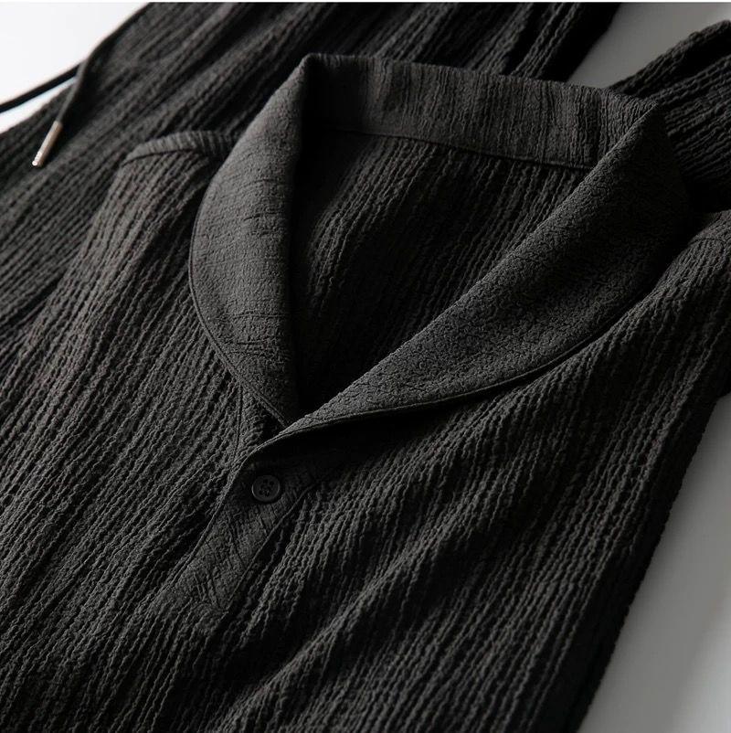 Men's Summer Lightweight Pleated Two-Piece Suit: Breathable, Fashionable Lapel Short Sleeve & Trousers