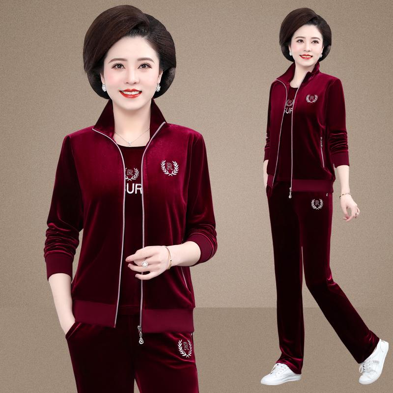 

Спортивный костюм из золотого бархата Hengyuanxiang для женщин среднего возраста — стильная и удобная куртка для весны и осени 3XL Recommended 125–140 Jin