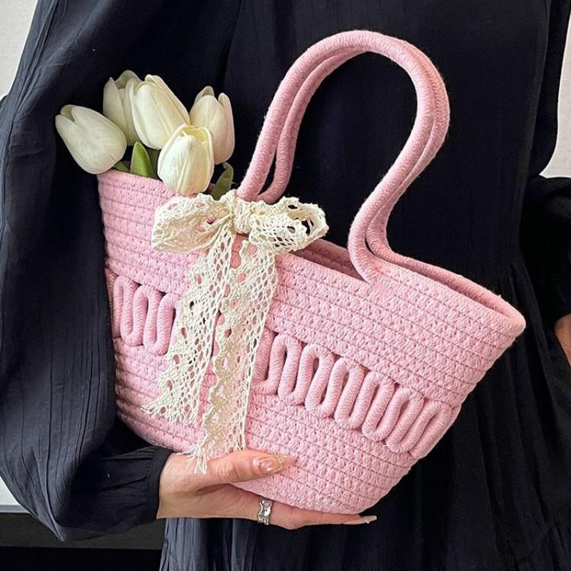 

French Temperament Bow Straw Woven Bag Female Girl Casual Bucket Single Shoulder Tote Press flat 33 x 18