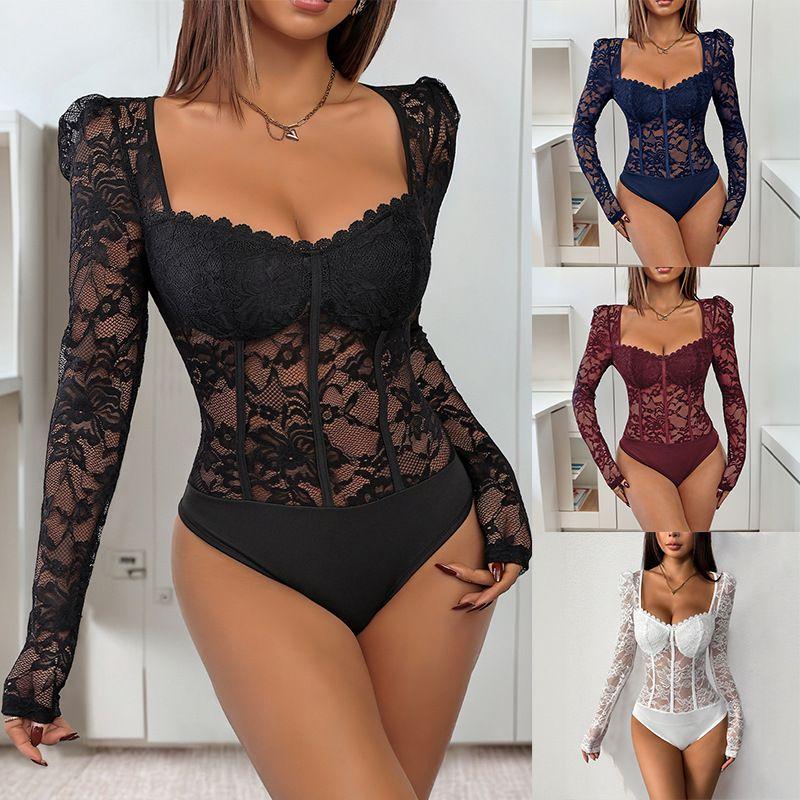 2025 New European and American Sexy Lace Patchwork Square Collar Tight Black Jumpsuit Black Jumpsuit