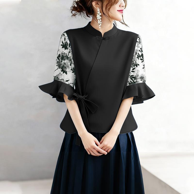 ZANZEA Women Casual Stand Collar Print Splice Half Sleeve Loose Blouse