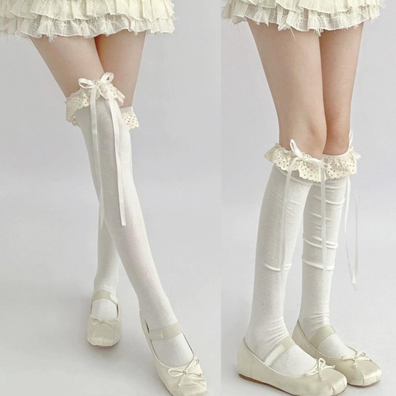 Cute Lace Ruffle Trim Frilly Over The Knee Long Socks for Women JK Girl Student Sweet Ribbon Bowknot Thigh High Stocking