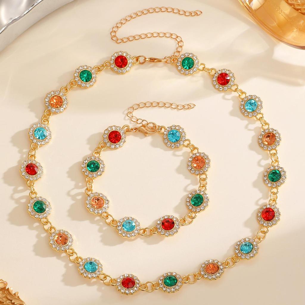 Französisch Retrofarbenes Dopamin Imitationsdiamantenbesetztes Sonnenblumen Halskette Armband Set