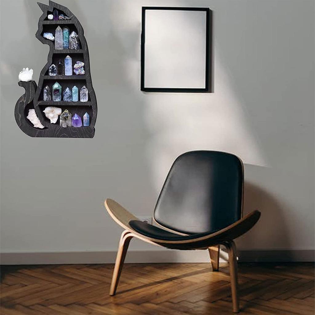 Wooden Crystal Display Shelf Black Cat Design Decorative Crystal Holder Crystal Storage Rack for Crystals Stones Essential Oil M