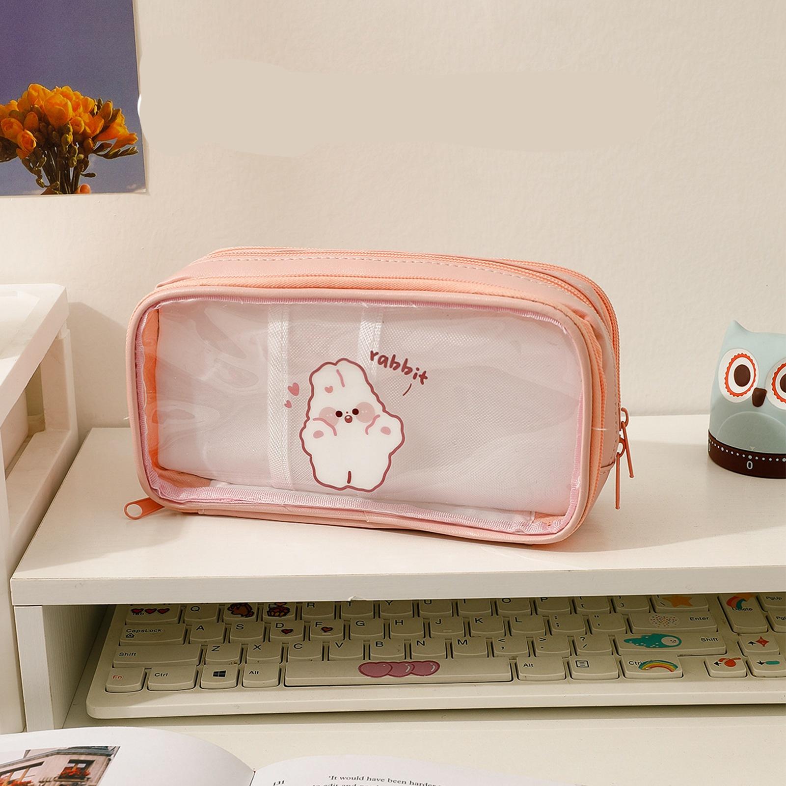 Transparante Etui Schattig Cartoon Patroon Grote Capaciteit Waterdicht PVC Pennenzak Potloodopslag roze