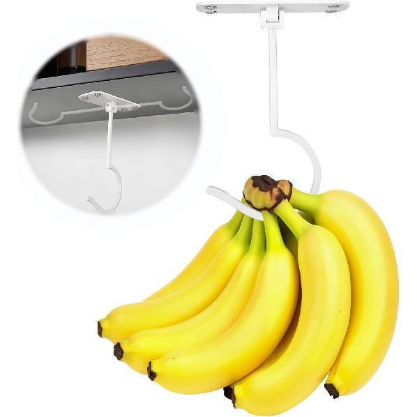 Banana Hook Under Cabinet, Foldable Metal Banana Hanger to Keep Bananas Fresh, Banana Holder Under Cabinet for Bananas or Other Kitchen Items (Black)