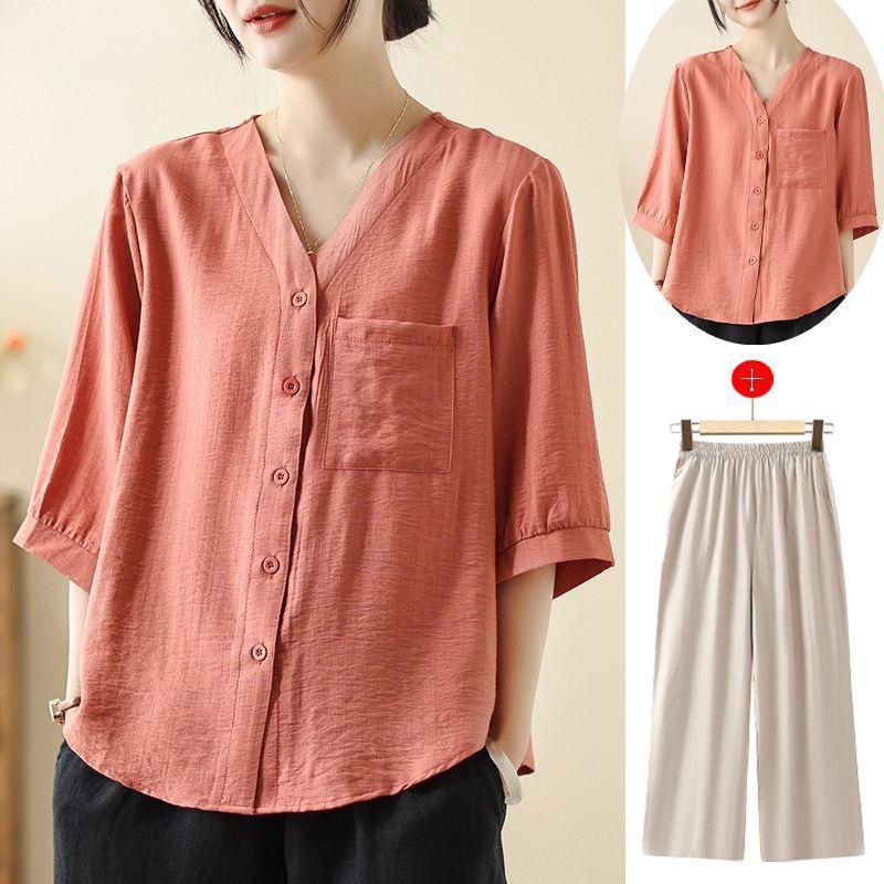 Summer Cotton Linen Lightweight Casual Shirt Set for Middle-Aged Women with Versatile Three-Quarter Sleeves
