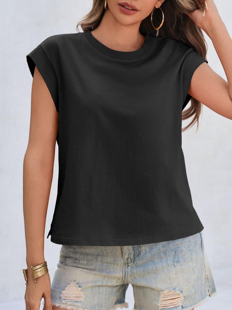 Women's Cotton Cap Sleeve Tank Top Crew Neck Loose Fit Summer T Shirt