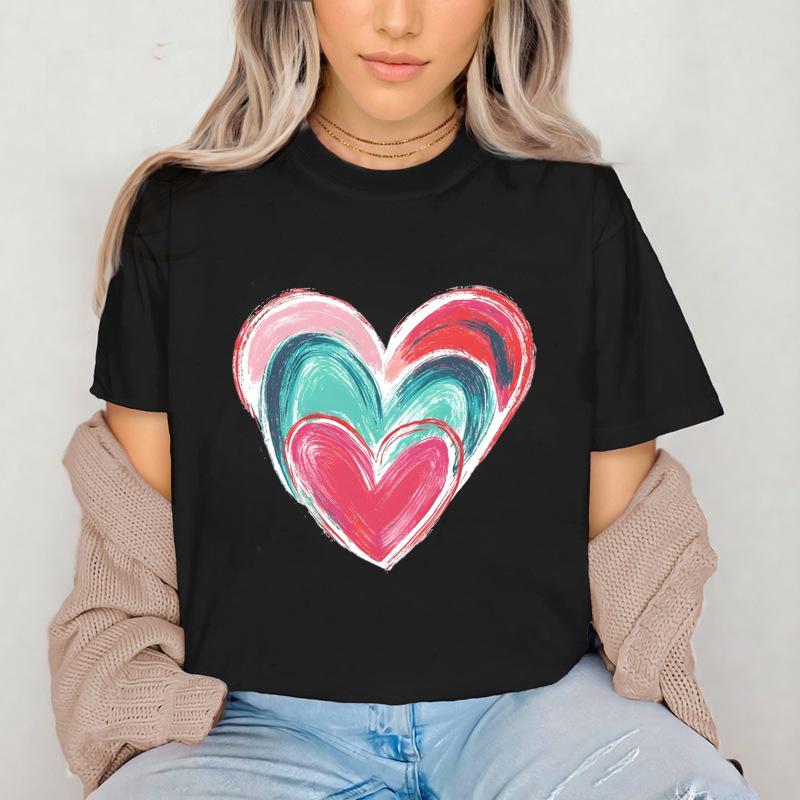 

2026 New Girl s Colorful Love Printed Cotton Adult and Children s Couple T-shirt Summer Fashion Loose Sports Daily Short Sleeve 4XL