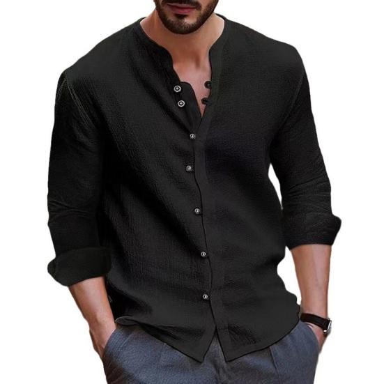 Retrostijl Heren Effen Kleur Shirt Tops Opstaande Kraag Lange Mouw Single Breasted Losse Tops Casual Werkshirt Werkkleding