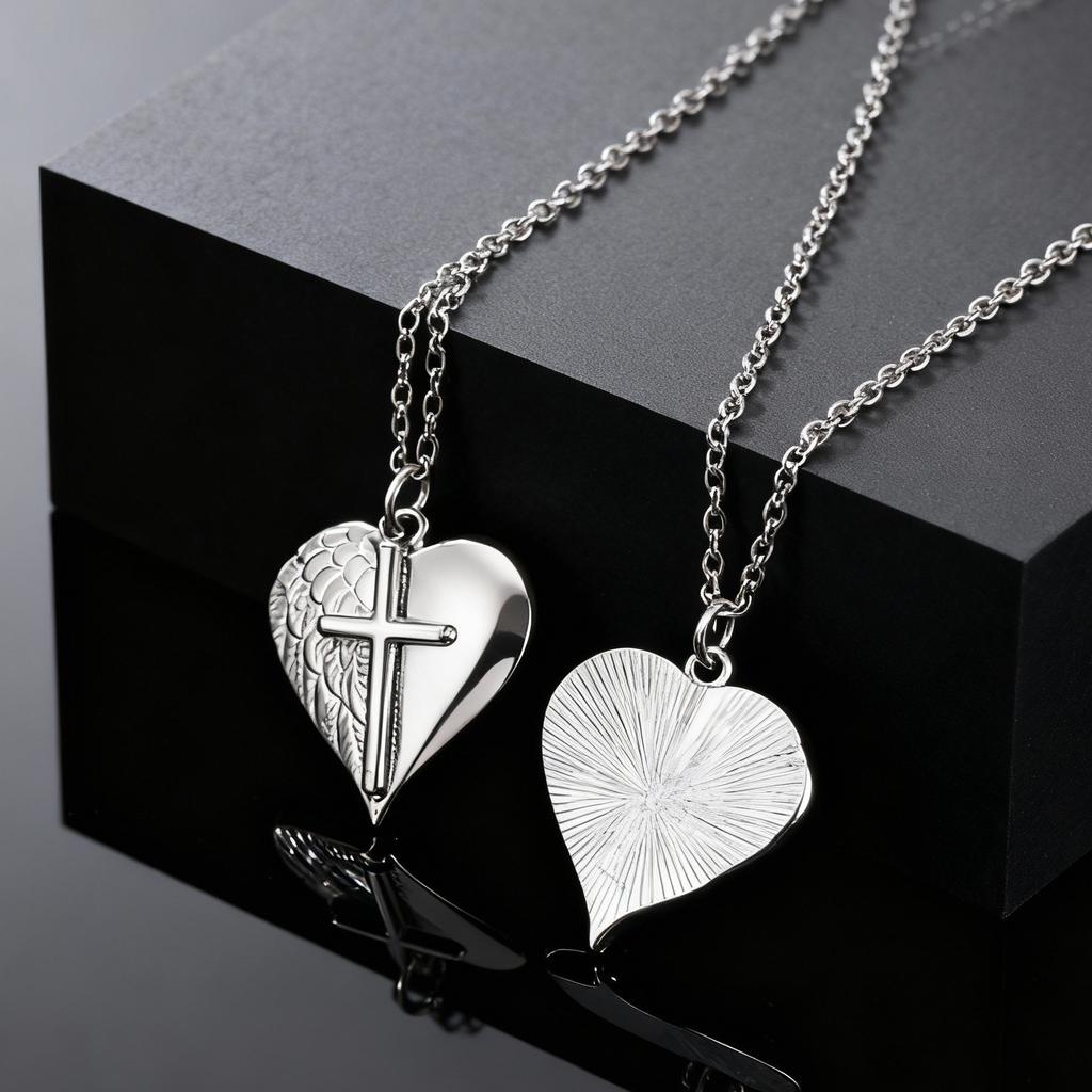 Fashion Cross Angel Wings Heart Pendant Necklace for Men Women Stainless Steel Creative Waterproof Jewelry Gift