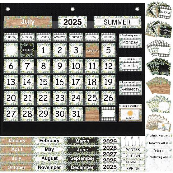 Classroom Calendar Pocket Chart Set Calendar Bulletin Board Set with Pocket Seasons Festival Weather Calendar Pocket Chart for Classroom Decoration эвкалиптовый