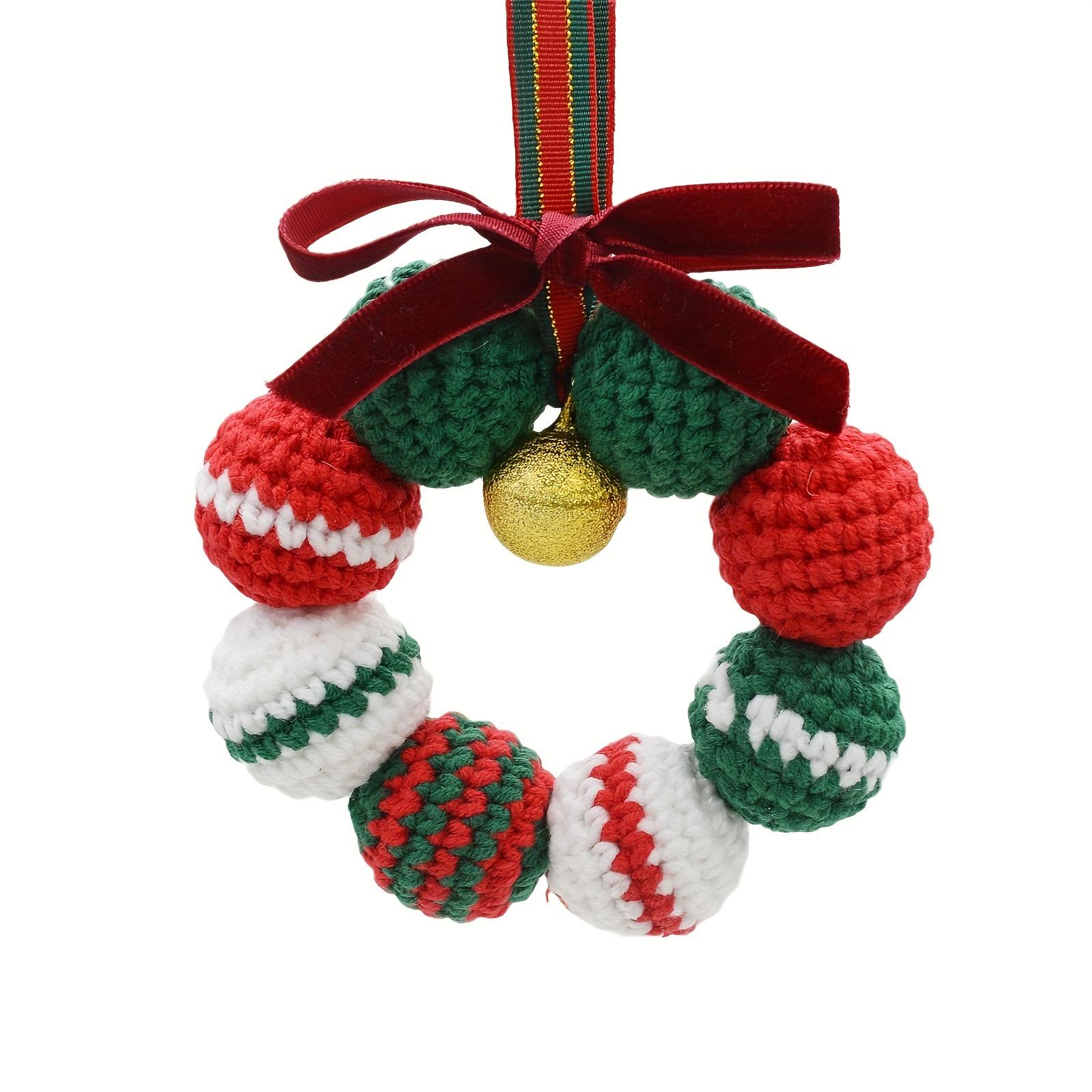 

Handmade Crochet Knit Christmas Rearview Mirror Hanging Decorations Festive Polyester Ornaments With Bell And Bow, Holiday Travel Accessory Gift 1pc