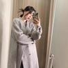 Women Grey Stand Collar Autumn Winter Loose Wool Coat with Double Buttons Clothes