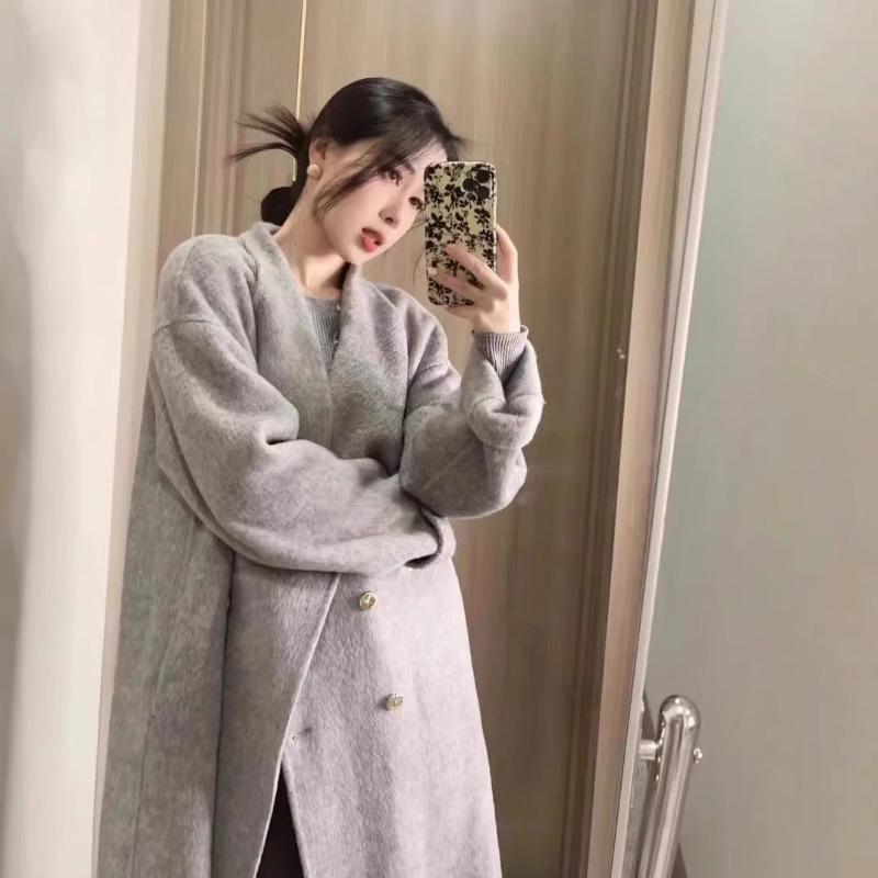 Women Grey Stand Collar Autumn Winter Loose Wool Coat with Double Buttons Clothes