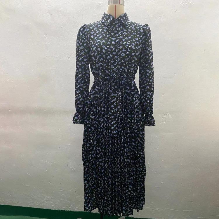 Women Autumn Winter Casual Long Sleeve V-neck Floral Print A-Line High Waist Ankle Length Dress