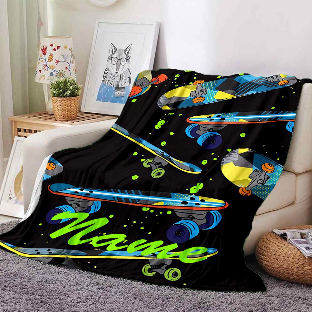 Custom Name skateboard Theme Printed Blanket - Perfect for Couch, Bed, Travel & Outdoor Use | Machine Washable, Cozy & Durable.