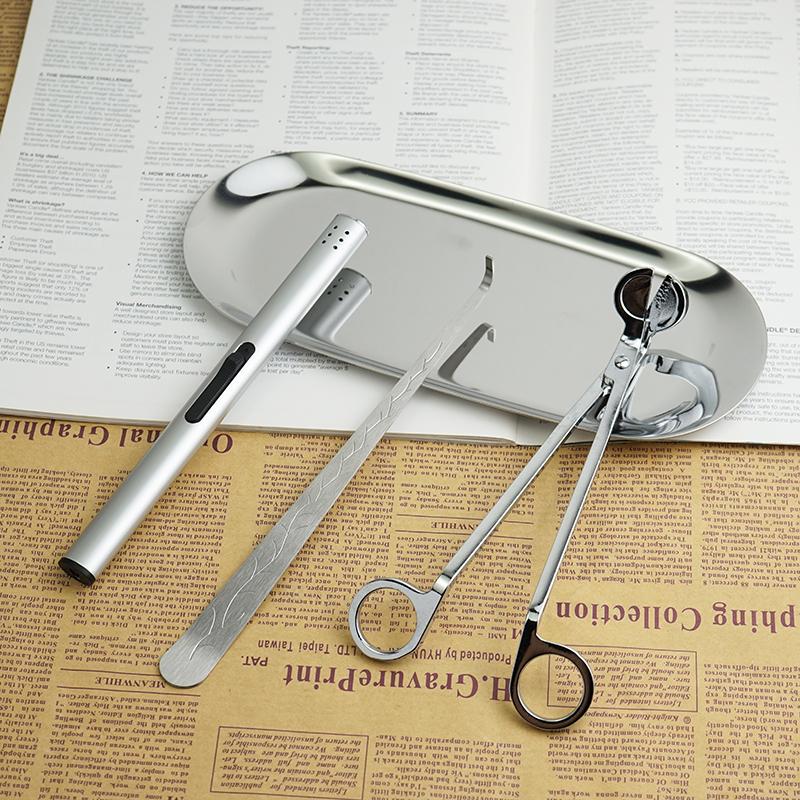 Aroma Candle Tool Kit: Wick Trimmer, Snuffer, Extinguishing Hook, and Tray.