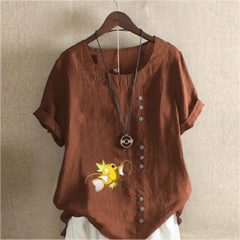Women's Fashion Goldfish Prined Round Neck Short Sleeve T-shirt Casual Cotton Linen Graphic Shirt Leisure Loose Summer Blouse Tops