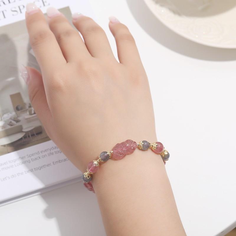 Strawberry Quartz Beaded Bracelet With Matte Gray Moonstone Engraved Pixiu Charm Women Elegant Minimalist Style