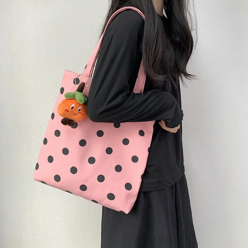Pink Canvas Bag Women's Shoulder Polka Dot Simple Versatile Large Capacity Student Shopping Bag