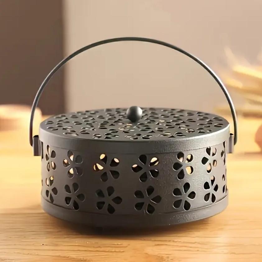 Retro Cast Iron Mosquito Coil Box-Flower Hollow Art Design Outdoor Camping Mosquito Repellent Artifact + Household Stove | Portable Handle Travel Set