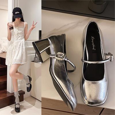 Silver New Sub-small Silver Shoes Spring Thick Heel Mary Jane Shoes Heel 2025 Medium Waterproof Table Single Shoes Women