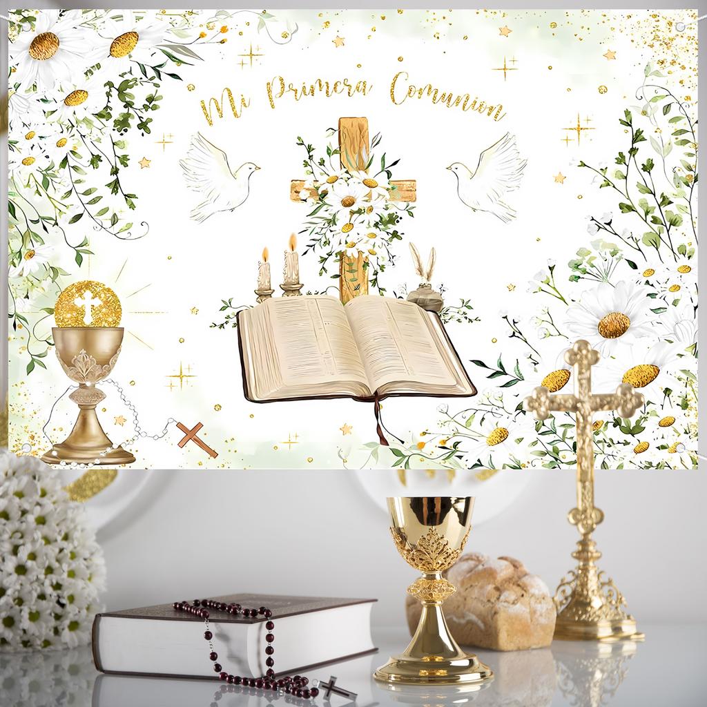Mi Primera Comunion Backdrop First Holy Communion Baptism Party Decoration Gold Dots Daisy Christening God Bless Photography