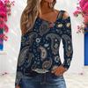 Women Plus Size Asymmetric Cutout Neck Cold Shoulder Long Sleeve Navy Geometric Printed Top