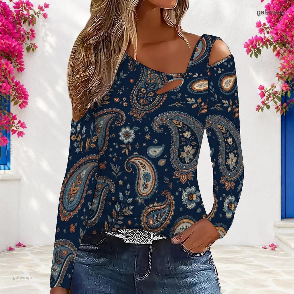 Women Plus Size Asymmetric Cutout Neck Cold Shoulder Long Sleeve Navy Geometric Printed Top