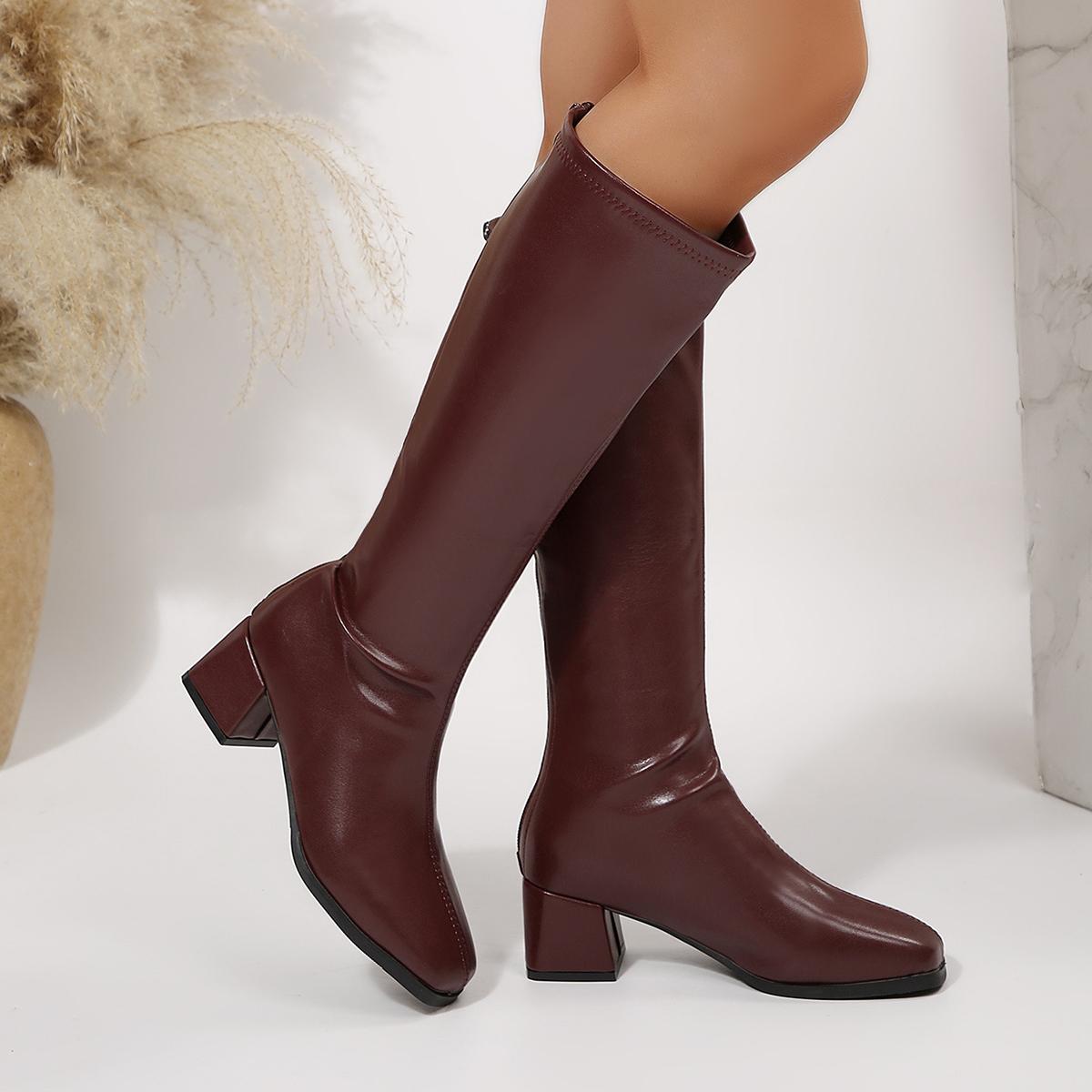 Dames Vierkante Neus Kniehoge Laarzen Echt Leer Rits aan de Achterkant Hoge Hak Lange Laarzen Mode Lente Herfst Schoenen 35 black