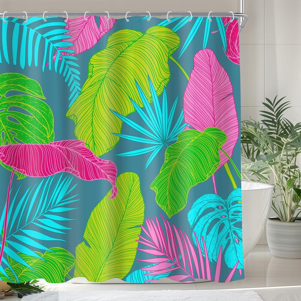 Emerald Green Boho Shower Curtain Black Gold Modern Abstract Palm Leaves Tropical Monstera Bathroom Curtain Set Brown Botanical