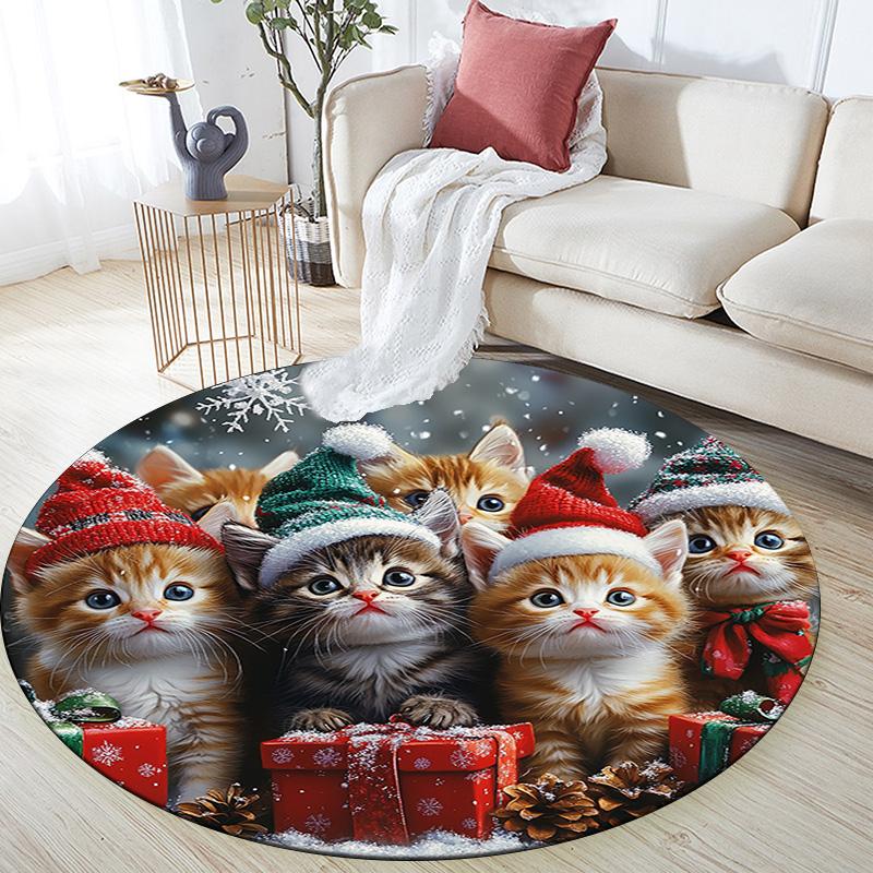 Christmas Kittens Round Area Rug,Carpet Rug for Living Room Bedroom Sofa Playroom Decor,Non-slip Floor Mat