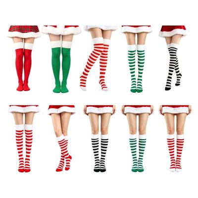 Gestreifte Oberschenkelhohe Socken Kniehohe Socken Weihnachtsstrumpfwaren mit Feiertags-Plüsch-Look-Besatz, Polyestersocken für die Herbst- und Wintersaison