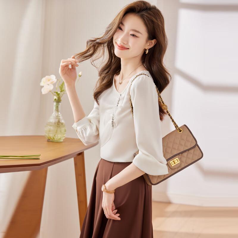 Women's French Style Beaded Long-Sleeve Blouse